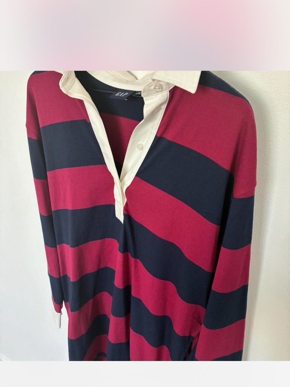 GAP Red and Navy Wide-Stripe Rugby V-Neck Dress